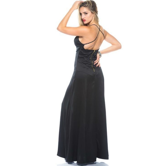 Black Satin Plunge Neck Double High Slit X Cross B - Picture 2 of 4